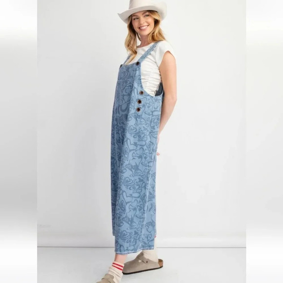 New Easel Heart Printed Denim Overalls Jumpsuit L - Picture 4 of 6